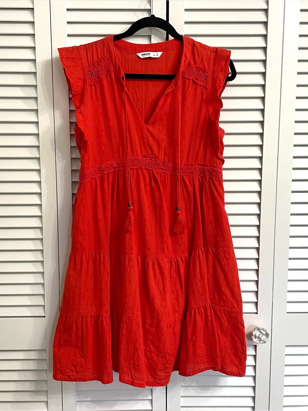 Sonoma Boho Orange Red Tiered Dress Tassel Tie Cotton Ruffle Sleeve Lace Sz S